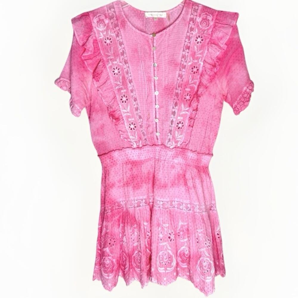 LoveShackFancy Pink Eyelet Ruffle Mini Dress with Gold Chain Belt - Picture 3 of 10